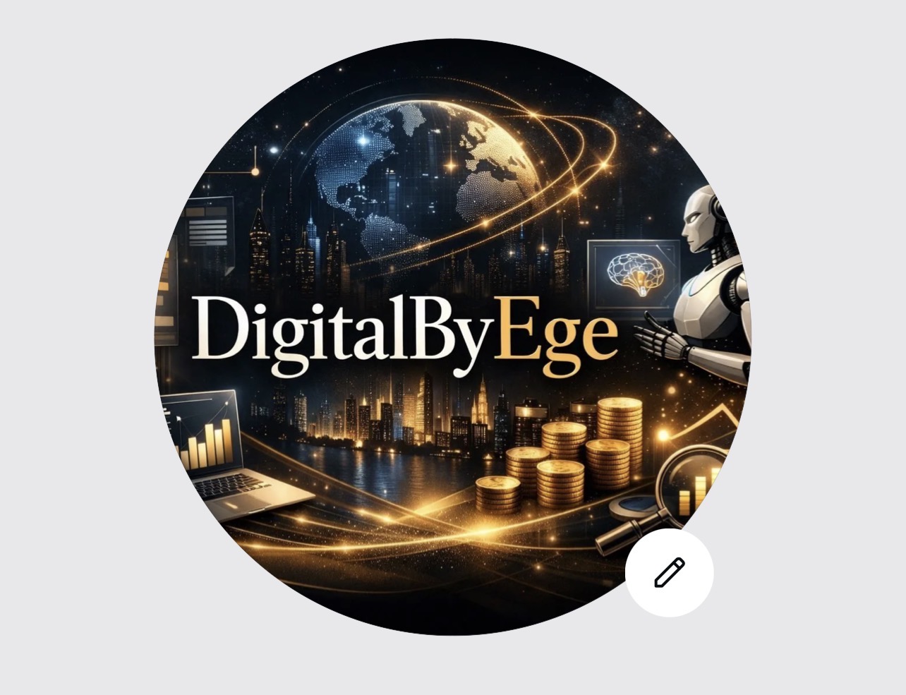 DigitalByEge logo circular con fondo negro, detalles dorados, robot de IA y globo digital